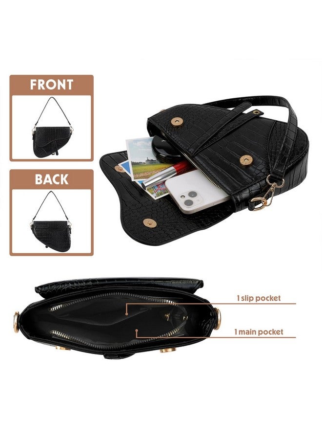 HDE Women'S Saddle Shoulder Bag Pu Leather Crossbody Purse Crocodile Handbag Black Crocodile - Image 5
