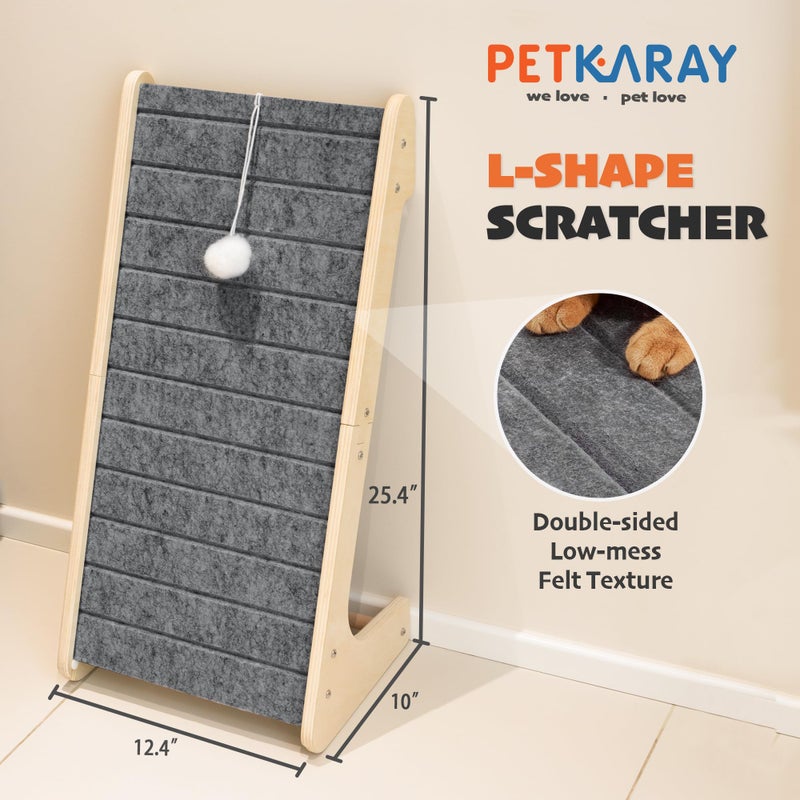 PETKARAY Felt Cat Scratcher, L Shaped Scratching Pad, Scratch Resistant Carpet Scratcher Ramp, Slot-Free Scratch Board with Toy Ball, Dark Grey - Image 2