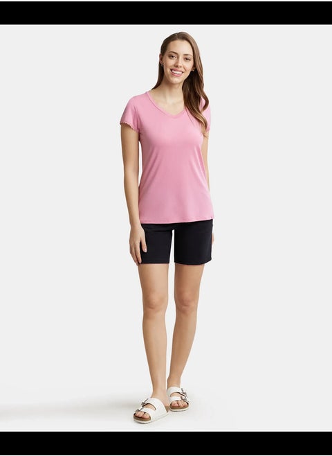 Jockey RX12 Women's Micro Modal Cotton Relaxed Fit Solid V Neck Half Sleeve T-Shirt with Lace Trim On Sleeves