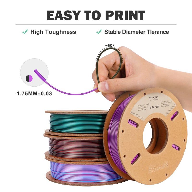 ERYONE Silk Dual Color Filament Bundle, PLA 3D Printer 1.75mm +/- 0.03mm, Silk Coextrusion PLA Filament 250gX4 Spools, Rose&Light Blue, Black&Red, Black&Green, Black&Purple - Image 3