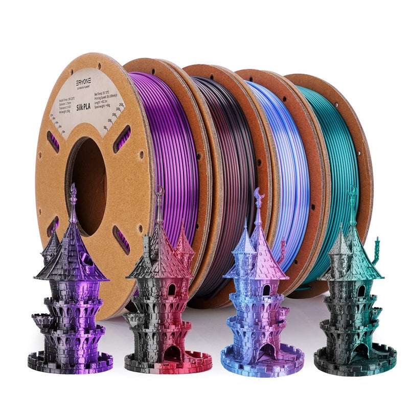 ERYONE Silk Dual Color Filament Bundle, PLA 3D Printer 1.75mm +/- 0.03mm, Silk Coextrusion PLA Filament 250gX4 Spools, Rose&Light Blue, Black&Red, Black&Green, Black&Purple - Image 1