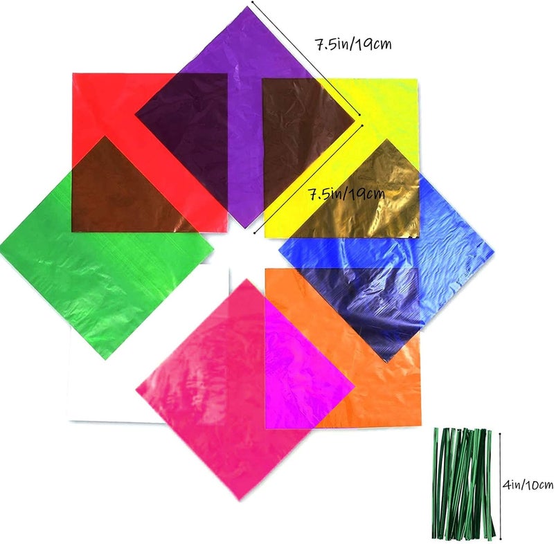 Cinvo 160 Pcs Cellophane Sheets Multi-Colored See Through Colorful Sheets with Twist Ties Cello Wraps for DIY Arts and Crafts, Treats Candy Wrapping Party Supplies (7.5 x 7.5 Inch) - Image 2