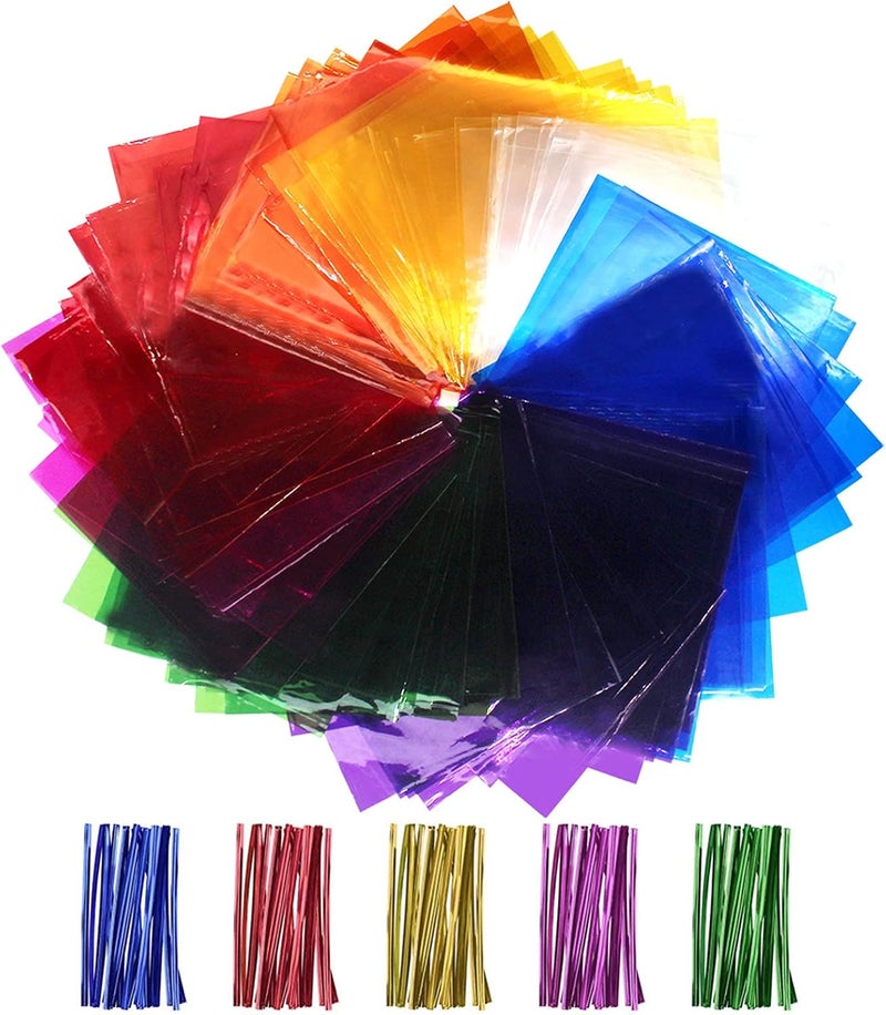 Cinvo 160 Pcs Cellophane Sheets Multi-Colored See Through Colorful Sheets with Twist Ties Cello Wraps for DIY Arts and Crafts, Treats Candy Wrapping Party Supplies (7.5 x 7.5 Inch) - Image 1