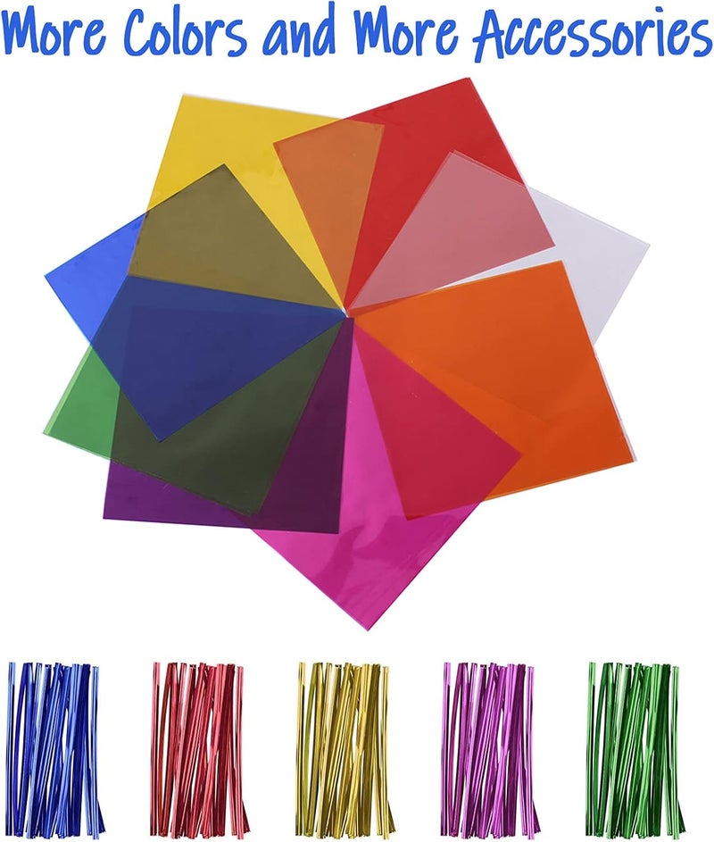 Cinvo 160 Pcs Cellophane Sheets Multi-Colored See Through Colorful Sheets with Twist Ties Cello Wraps for DIY Arts and Crafts, Treats Candy Wrapping Party Supplies (7.5 x 7.5 Inch) - Image 3