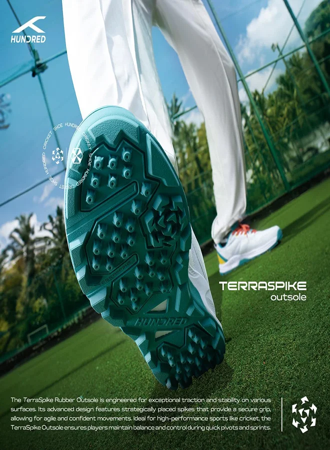 HUNDRED HyperDrive Cricket Shoes | TerraSpike Rubber Studs | Embedded Support Plate for Stability | Lightweight & Durable | Ideal for Turf, Ground & Hard Surfaces (White/ Lt Green/Orange ; UK 9)