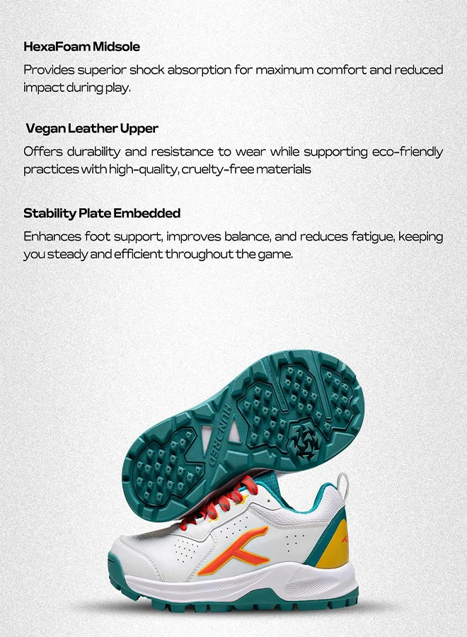 HUNDRED HyperDrive Cricket Shoes | TerraSpike Rubber Studs | Embedded Support Plate for Stability | Lightweight & Durable | Ideal for Turf, Ground & Hard Surfaces (White/ Lt Green/Orange ; UK 9)