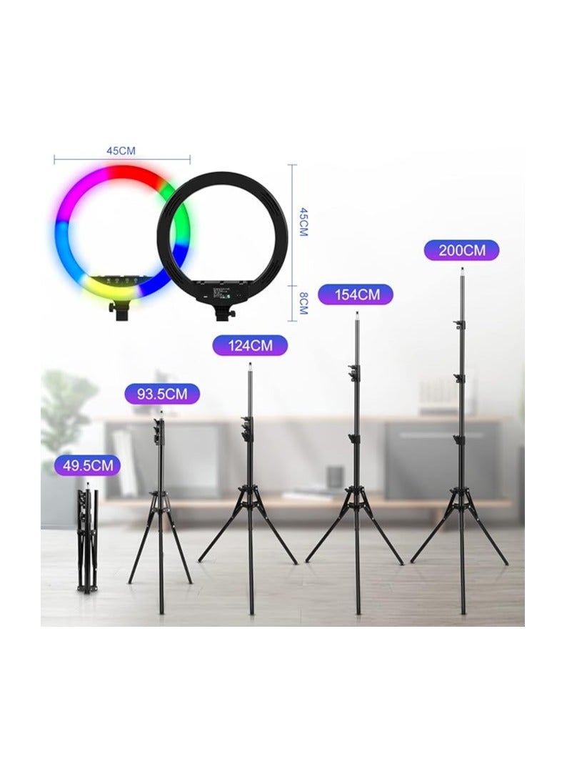 18-Inch RGB LED Ring Light – Colourful Lighting Kit with 200 cm Tripod, 3 Phone Holders, 3 White Modes, 21 RGB Modes, 9 Brightness Levels
