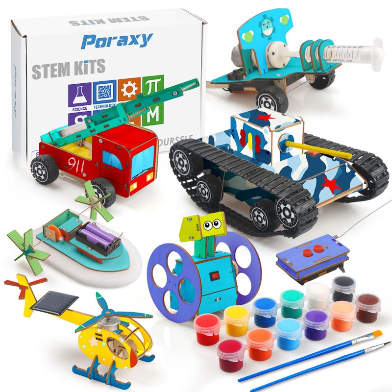 Poraxy STEM Kits for Kids Ages 8-10-12, 6 Set Model Car Kits, 3D Wooden Puzzles, Educational Science Experiment Projects Crafts Kits, Building Toys, Gifts for Boys and Girls 8 9 10 11 12 13 Year Old - Image 1