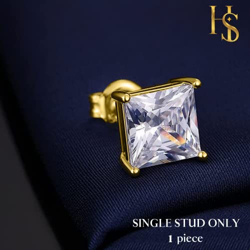 HIGHSPARK 925 Silver Men's Square Solitaire Stud Earring | 92.5 Sterling Silver and Diamond like Brilliance Sparkling Zirconia | Single Stud for Men | Lovely Gift - Gold 7mm - Image 3