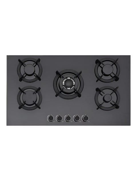 5 Burner Gas Hob with Tempered Glass, Blue Flame Technology, Electric Ignition, Low Gas Consumption, Heavy Duty Cast Iron Pan Supports, Easy to Clean Gas Hob for Efficient Cooking in Modern Kitchens