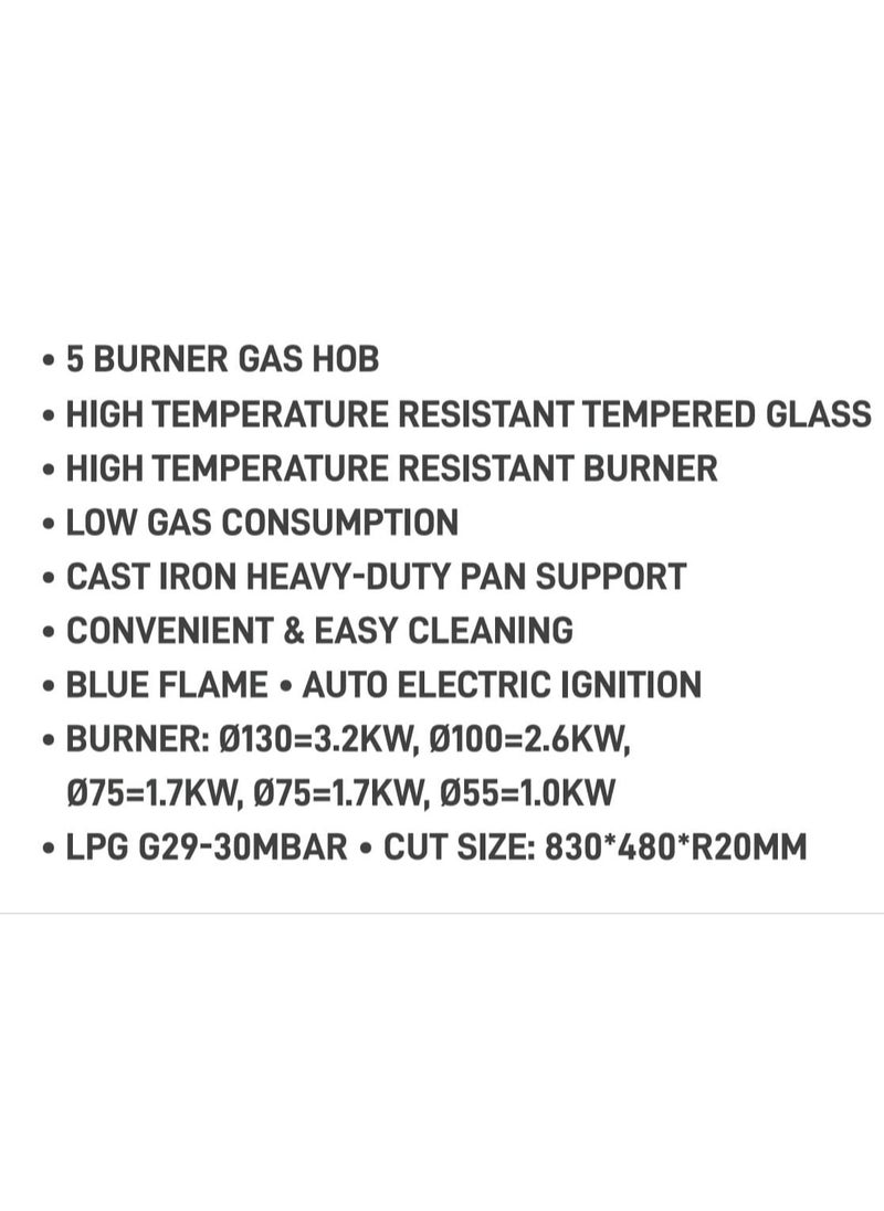 Generic - 5 Burner Gas Hob with Tempered Glass, Blue Flame Technology, Electric Ignition, Low Gas Consumption, Heavy Duty Cast Iron Pan Supports, Easy to Clean Gas Hob for Efficient Cooking in Modern Kitchens - Image 1