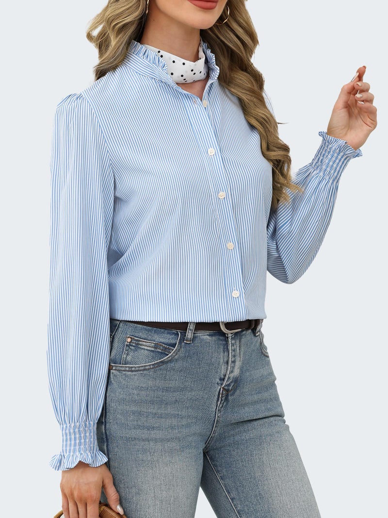 Funlingo Button Down Shirts for Women Striped Long Sleeve Smocked Cuffed Blouses Casual Oversized Ruffle Collared Tops Spring Work Clothes Blue White L - Image 3