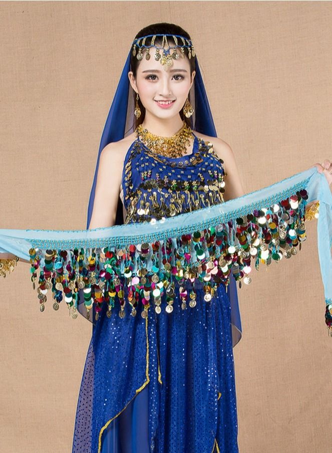 Loquat Colorful Sequin And Coins Pendant Waist Chain Skirt Sparkly Belly Dance Tassel Waist Wrap Belt Skirts Party Rave Costume Lake Blue Mix