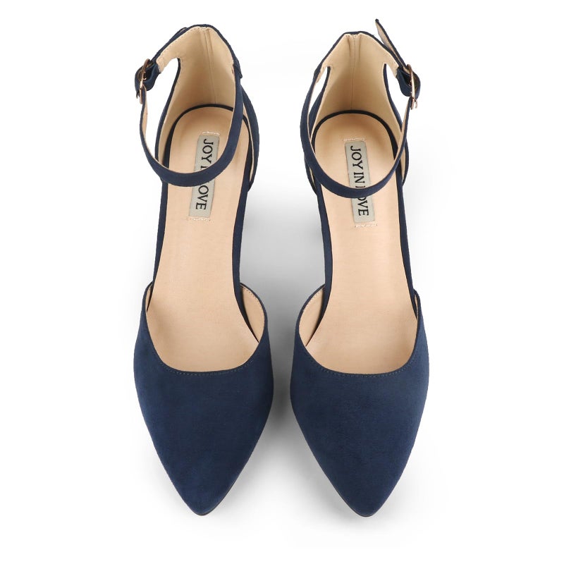 JOY IN LOVE Closed Toe Heels Pumps for Women 3IN Stiletto Pointed Toe Ankle Strap Heels Navy Suede US7.5 - Image 4