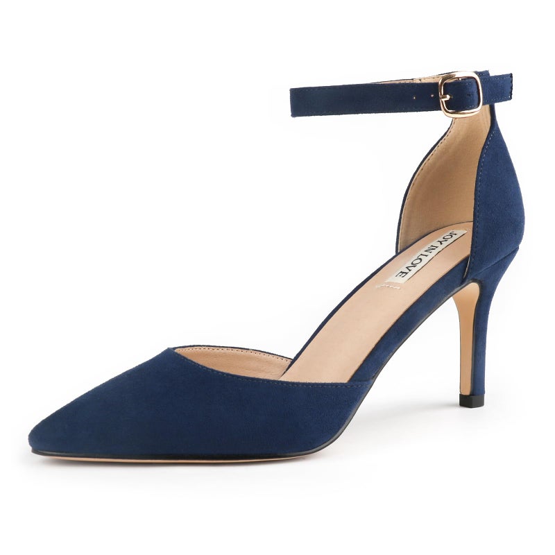 JOY IN LOVE Closed Toe Heels Pumps for Women 3IN Stiletto Pointed Toe Ankle Strap Heels Navy Suede US7.5 - Image 1