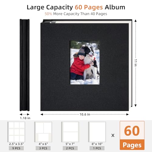 Remowith Large Self Adhesive Photo Album Scrapbook with Window Linen Cover, 60 Pages for 4x6 5x7 8x10 Photos, Family Baby Wedding Memory Book, Black 11x10.6 inch - Image 2