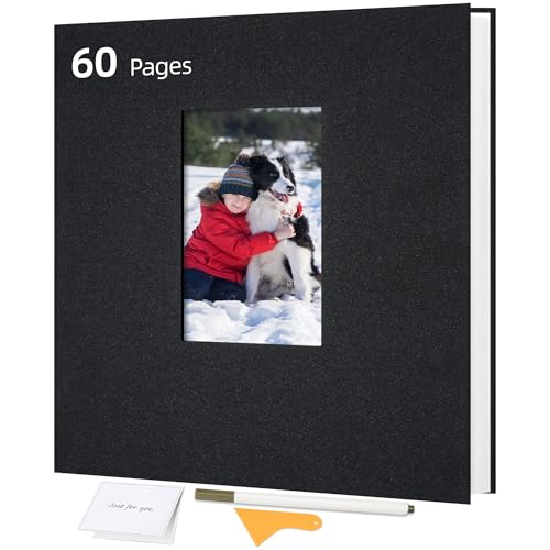 Remowith Large Self Adhesive Photo Album Scrapbook with Window Linen Cover, 60 Pages for 4x6 5x7 8x10 Photos, Family Baby Wedding Memory Book, Black 11x10.6 inch - Image 1