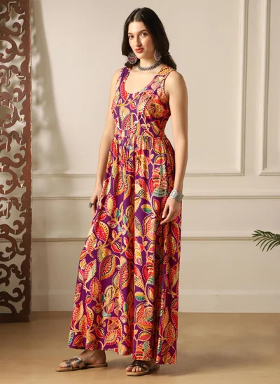 globus Globus Women Purple Ethnic Print Round Neck Lace Detail Flared Wide Leg Fusion Jumpsuit