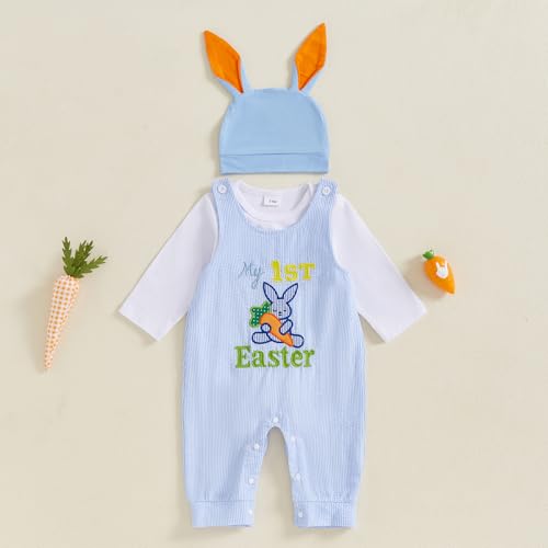 LAGKIYOJ My First Easter Baby Boy Outfit Bunny Embroidery Farm Romper Plaid Overall Ears Hat Newborn Baby Easter Clothes (White, 9-12 Months) - Image 3