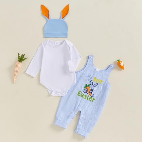 LAGKIYOJ My First Easter Baby Boy Outfit Bunny Embroidery Farm Romper Plaid Overall Ears Hat Newborn Baby Easter Clothes (White, 9-12 Months) - Image 2