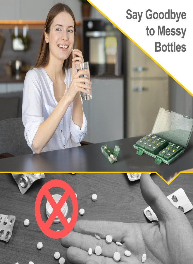 BYXEPA منظم حبوب أسبوعي، ثلاث مرات في اليوم، علبة حبوب كبيرة مع أقسام للصباح والظهيرة والمساء، منظم أدوية محمول لمدة 7 أيام للسفر والعمل والمنزل (أخضر) - Image 4