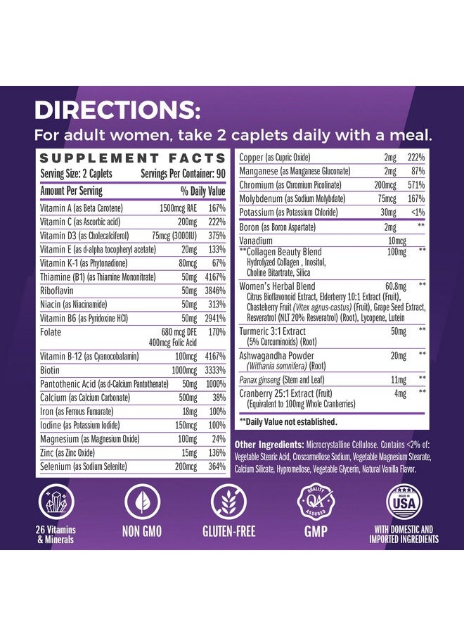 VITAMIN WORLD - Vitamin World Ultra 360 Multivitamin for Women, Women's Multivitamin with Herbs & Collagen for Hair, Skin & Nails, Supplement with Iron, Vitamin A, B, C, D, E for Energy & Immune Support, 180 Caplets - Image 1