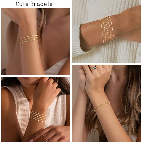 Poxtex Gold Bracelets for Women Waterproof, Gold Dainty Jewelry Sets Gifts for Women, Stackable Layered Simple Thin Beaded/Cuban/Paperclip/Heart/Figaro Bracelets for Women Fashion Accessories - Image 5