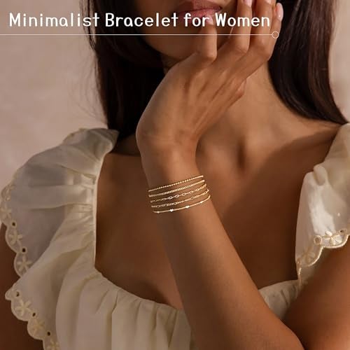 Poxtex Gold Bracelets for Women Waterproof, Gold Dainty Jewelry Sets Gifts for Women, Stackable Layered Simple Thin Beaded/Cuban/Paperclip/Heart/Figaro Bracelets for Women Fashion Accessories - Image 2