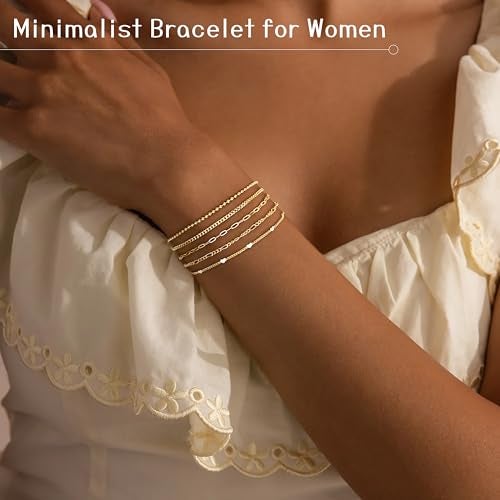 Poxtex Gold Bracelets for Women Waterproof, Gold Dainty Jewelry Sets Gifts for Women, Stackable Layered Simple Thin Beaded/Cuban/Paperclip/Heart/Figaro Bracelets for Women Fashion Accessories - Image 3