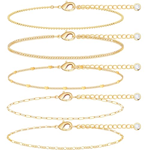 Poxtex Gold Bracelets for Women Waterproof, Gold Dainty Jewelry Sets Gifts for Women, Stackable Layered Simple Thin Beaded/Cuban/Paperclip/Heart/Figaro Bracelets for Women Fashion Accessories - Image 1