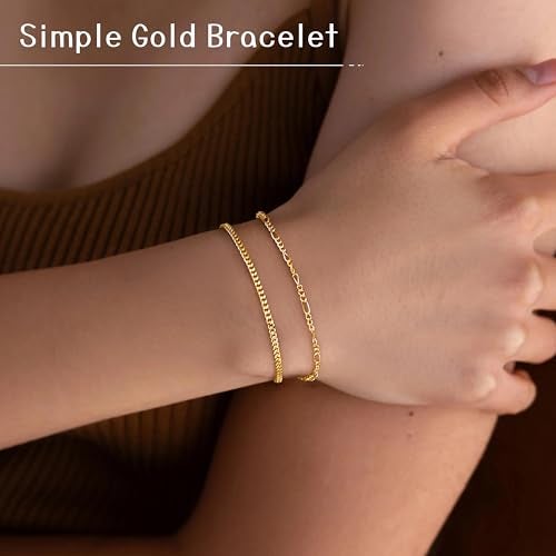 Poxtex Gold Bracelets for Women Waterproof, Gold Dainty Jewelry Sets Gifts for Women, Stackable Layered Simple Thin Beaded/Cuban/Paperclip/Heart/Figaro Bracelets for Women Fashion Accessories - Image 4