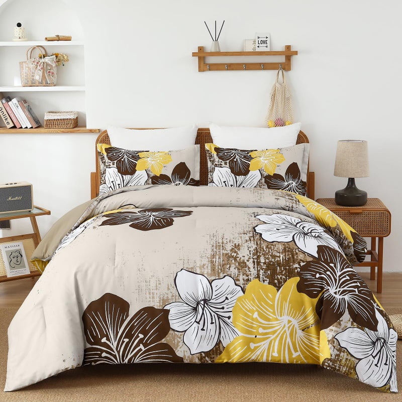 Menghomeus Brown Floral Comforter Set King Ombre Brown Bedding Lightweight Microfiber Bed Comforter for All Season  3 Piece Flowers Comforter with 2 Pillowcases - Image 1