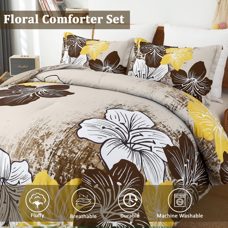 Menghomeus Brown Floral Comforter Set King Ombre Brown Bedding Lightweight Microfiber Bed Comforter for All Season  3 Piece Flowers Comforter with 2 Pillowcases - Image 4