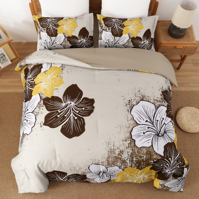 Menghomeus Brown Floral Comforter Set King Ombre Brown Bedding Lightweight Microfiber Bed Comforter for All Season  3 Piece Flowers Comforter with 2 Pillowcases - Image 3