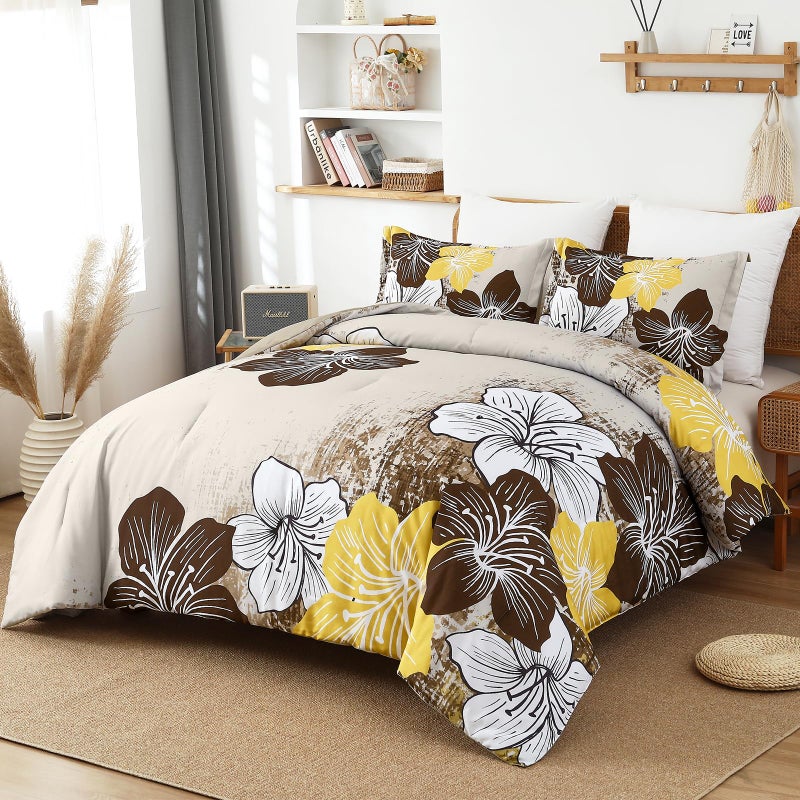 Menghomeus Brown Floral Comforter Set King Ombre Brown Bedding Lightweight Microfiber Bed Comforter for All Season  3 Piece Flowers Comforter with 2 Pillowcases - Image 2