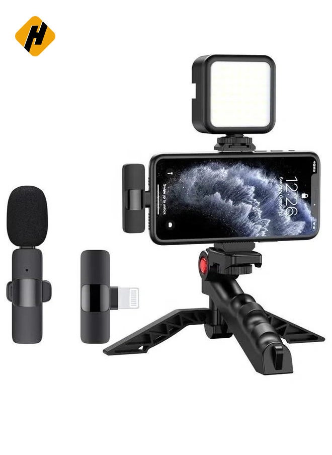 HuHa Professional Vlogging Kit – Remote Control, Foldable Tripod, LED Lamp, & Wireless Lavalier Microphone for iPhone  - Image 3