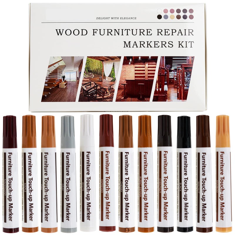 New Upgrade Furniture Pens for Touch Up 12 Colors Wood Scratch Repair Markers Professional Repair Tools for Stains Scratches Wood Floors Tables Bedposts