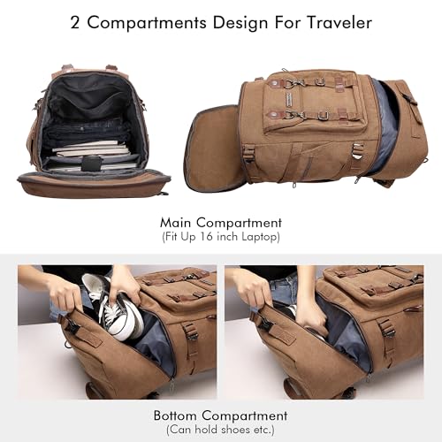 WITZMAN Travel Backpack for Men Women Canvas Backpack Carry on Luggage Rucksack Convertible Duffel Bag Large (A568 Brown) - Image 4
