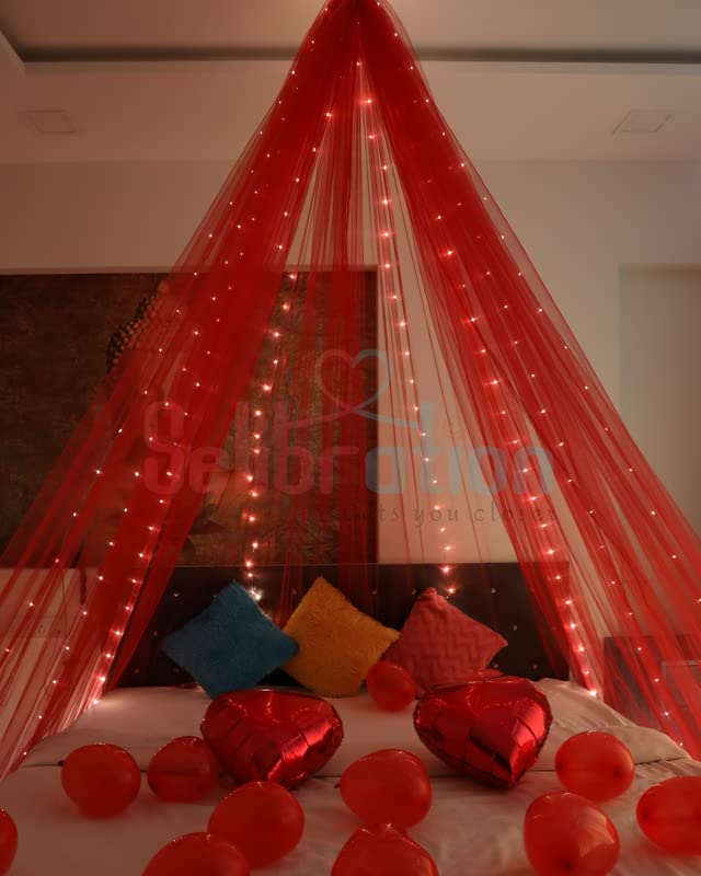 Selibration شبكة زينة حمراء للاحتفالات الرومانسية وحفلات عيد الميلاد | زينة خيمة كابانا ليوم الحب | قماش شبكي فاخر | خلفية لتزيين عيد الميلاد | قماش 6م مع إضاءة LED 5م للأطفال - Image 2