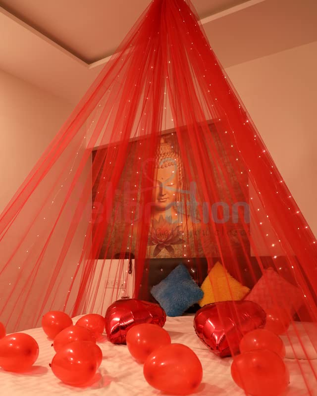 Selibration شبكة زينة حمراء للاحتفالات الرومانسية وحفلات عيد الميلاد | زينة خيمة كابانا ليوم الحب | قماش شبكي فاخر | خلفية لتزيين عيد الميلاد | قماش 6م مع إضاءة LED 5م للأطفال - Image 3