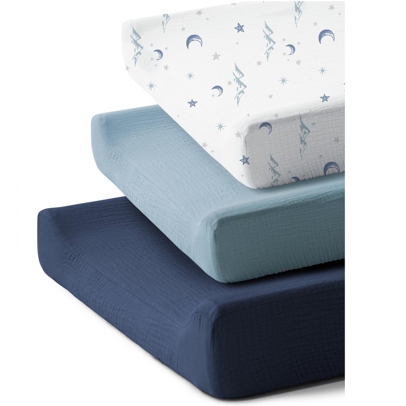 Coreeky 3 Pack Muslin Cotton Changing Pad Covers for Girl, Boy, 100% Soft Changing Table Cover, Breathable Baby Nursery Diaper Chang Pad Sheets (Nightfall Blue) - Image 1