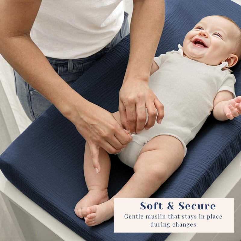 Coreeky 3 Pack Muslin Cotton Changing Pad Covers for Girl, Boy, 100% Soft Changing Table Cover, Breathable Baby Nursery Diaper Chang Pad Sheets (Nightfall Blue) - Image 2