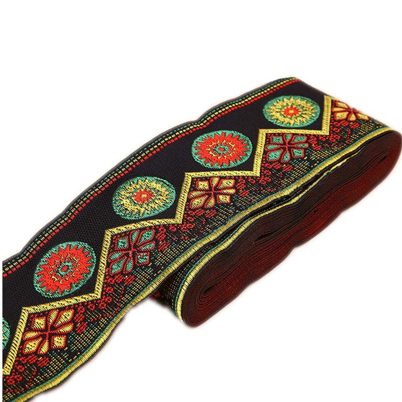 7 Yards Sunrise Sunset on The Moutain Jacquard Ribbon Suzani Floral Embroidered Woven Trim for Embellishment Craft Supplies 2inch Black