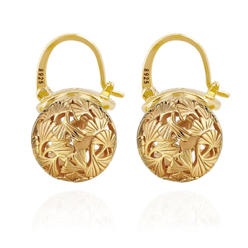 OwMell Elegant 925 Sterling Silver Pearl Drop Earrings Dangle Stud Gold Plated Earrings for Women Large Size 12mm - Hollowed Ginkgo Gold - Image 1