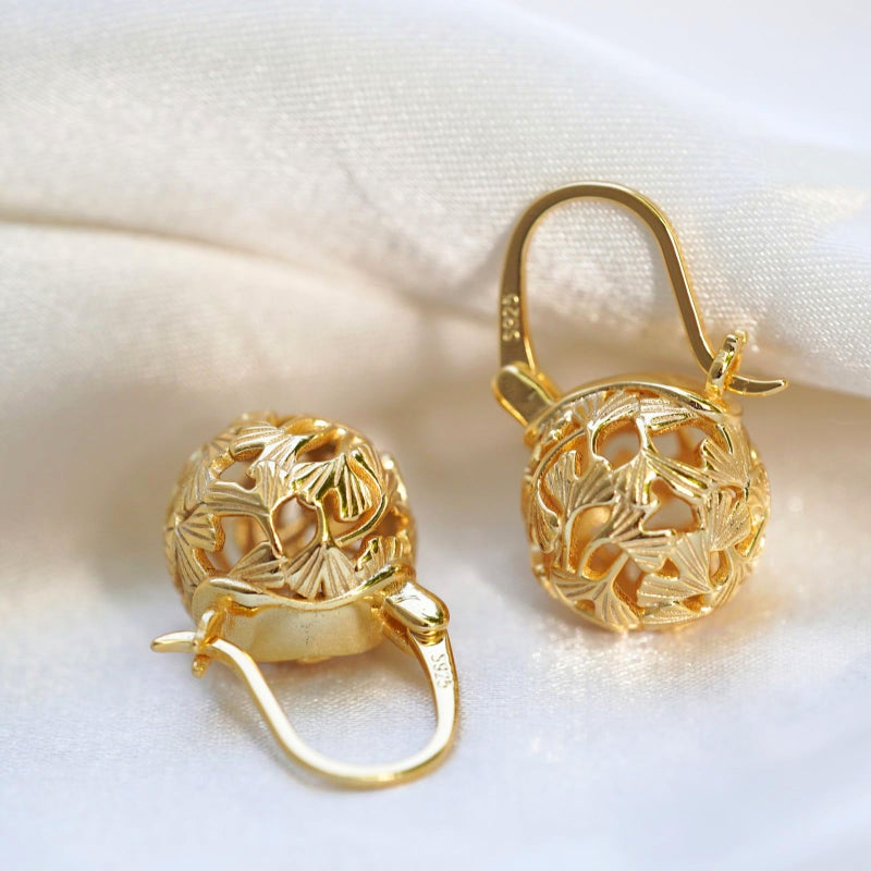 OwMell Elegant 925 Sterling Silver Pearl Drop Earrings Dangle Stud Gold Plated Earrings for Women Large Size 12mm - Hollowed Ginkgo Gold - Image 2