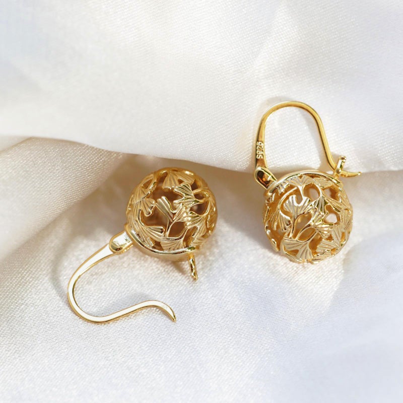 OwMell Elegant 925 Sterling Silver Pearl Drop Earrings Dangle Stud Gold Plated Earrings for Women Large Size 12mm - Hollowed Ginkgo Gold - Image 3