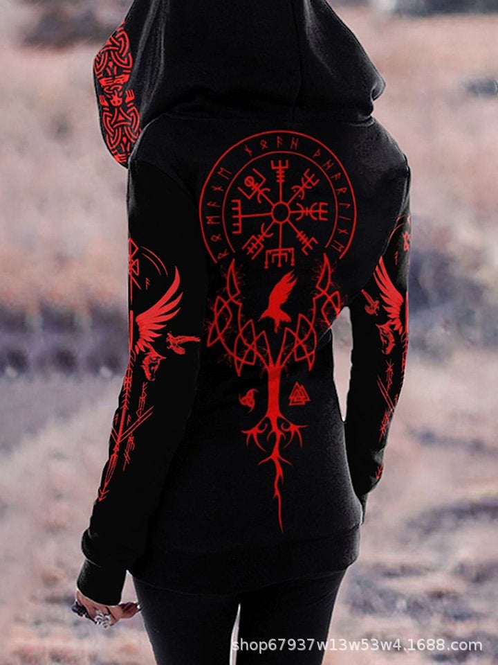 2025 Autumn Mythical Element Printed Hooded Zipper Sweatshirt Retro Style Street Trend Top - Image 2