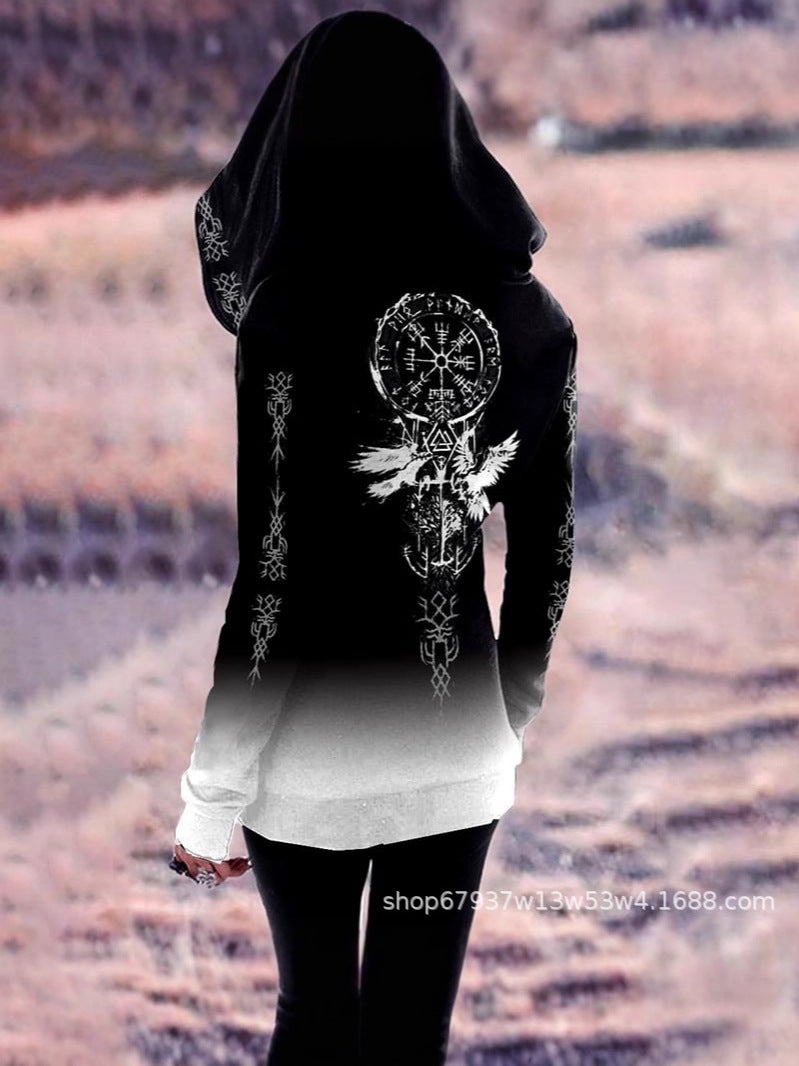 2025 Autumn Mythical Element Printed Hooded Zipper Sweatshirt Retro Style Street Trend Top - Image 3