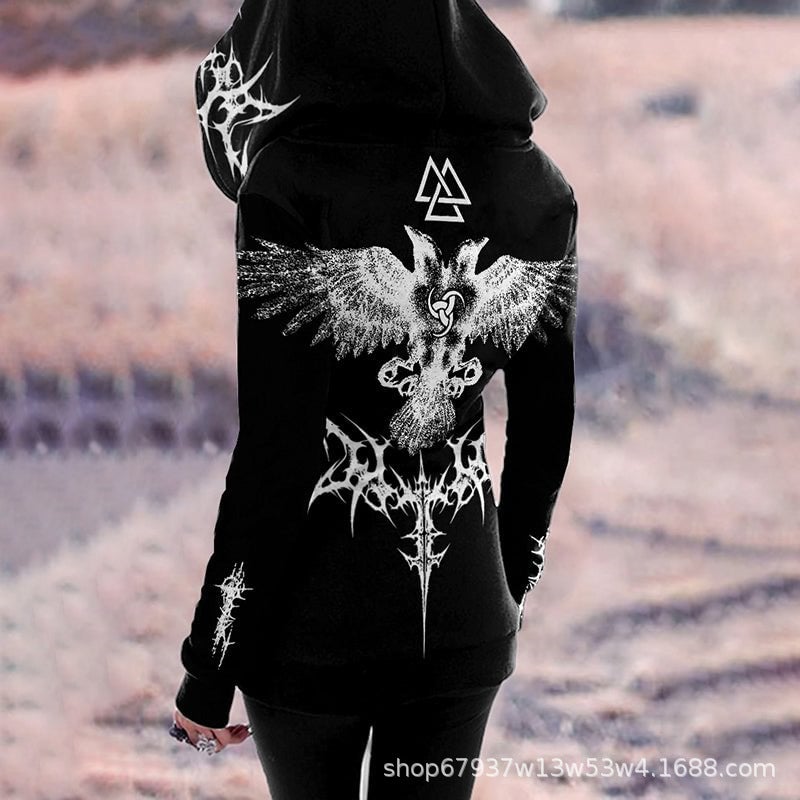 2025 Autumn Mythical Element Printed Hooded Zipper Sweatshirt Retro Style Street Trend Top - Image 1