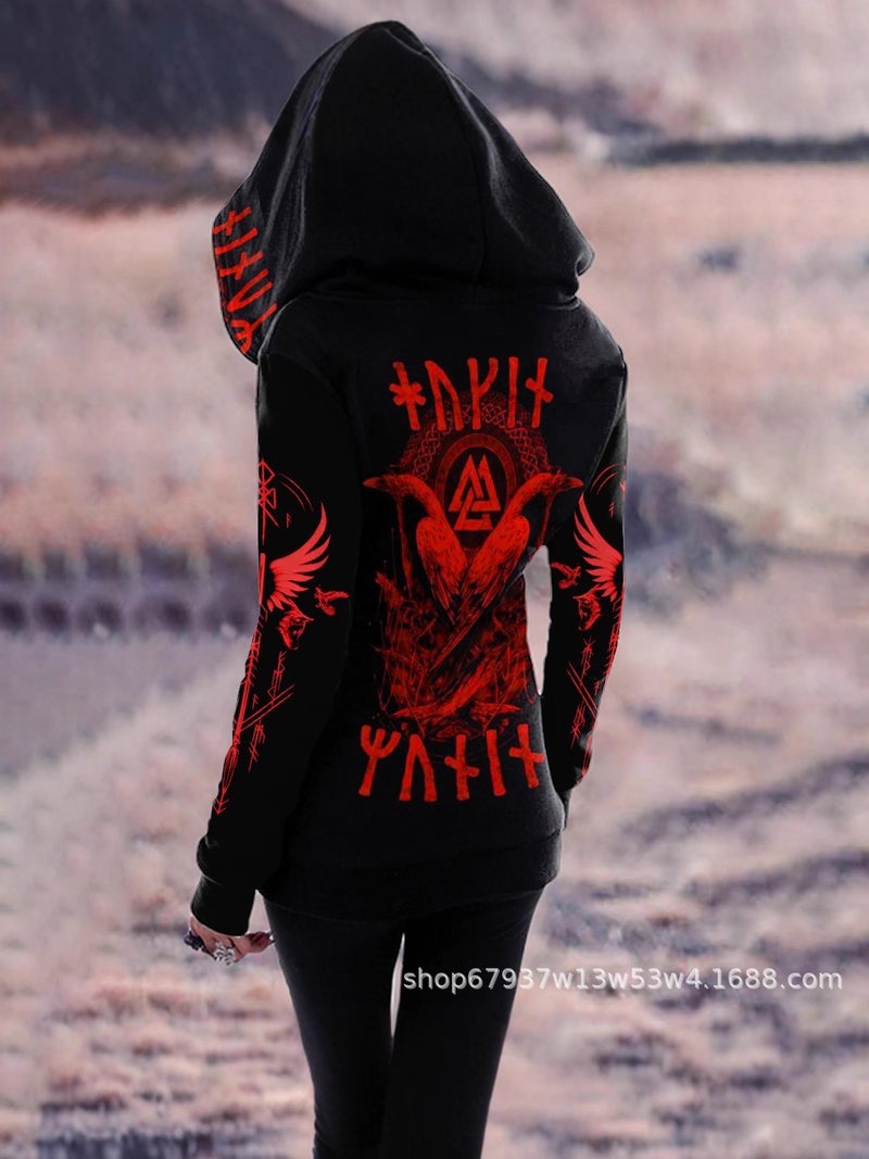 2025 Autumn Mythical Element Printed Hooded Zipper Sweatshirt Retro Style Street Trend Top - Image 4